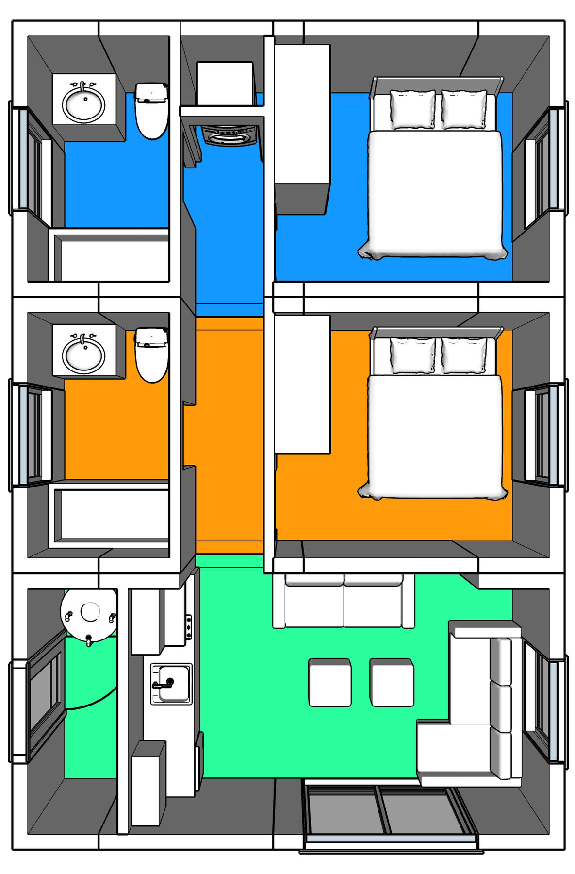 3 Qbits - 2 Bedroom, 2 Bathrooms Medium Home